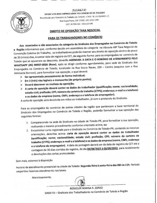 Informaes para realizar  oposio da Taxa Negocial - para os trabalhadores no Comrcio,  no perodo de 04/08  03/09/2022.